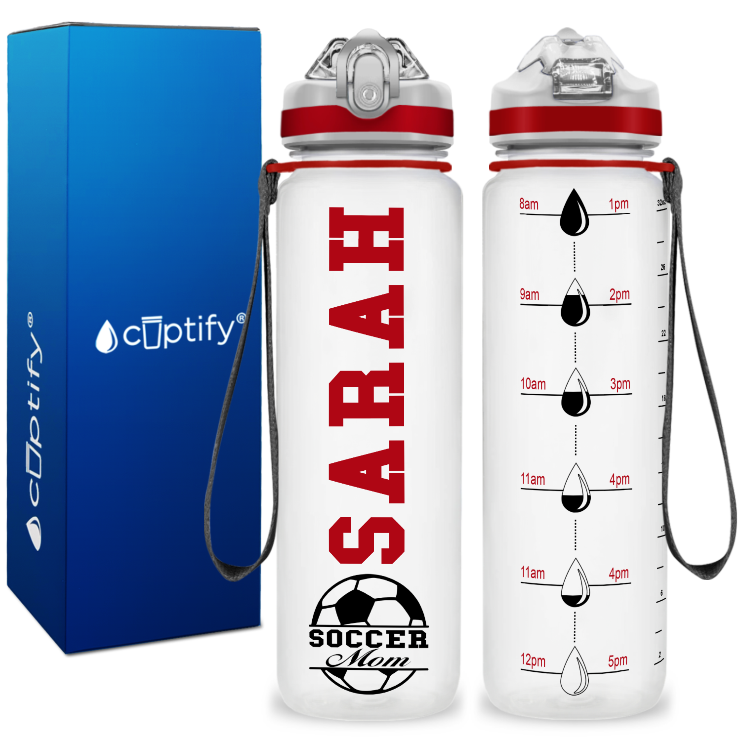 Personalized Soccer Ball Mom on 32 oz Motivational Tracking Water Bottle