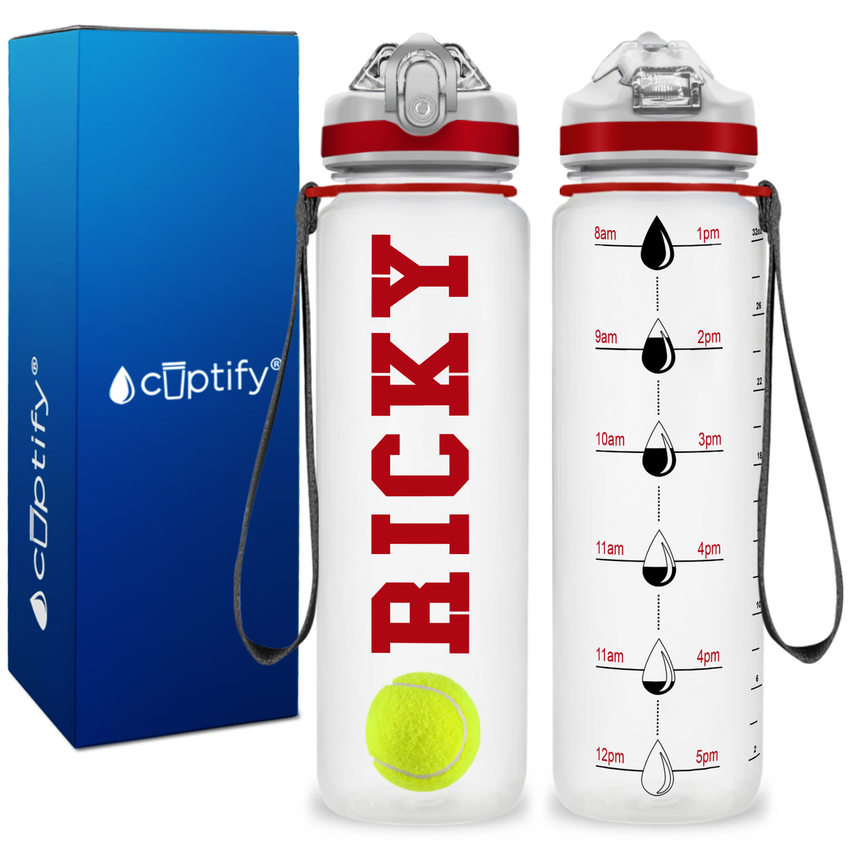 Personalized Tennis Ball on 32 oz Motivational Tracking Water Bottle