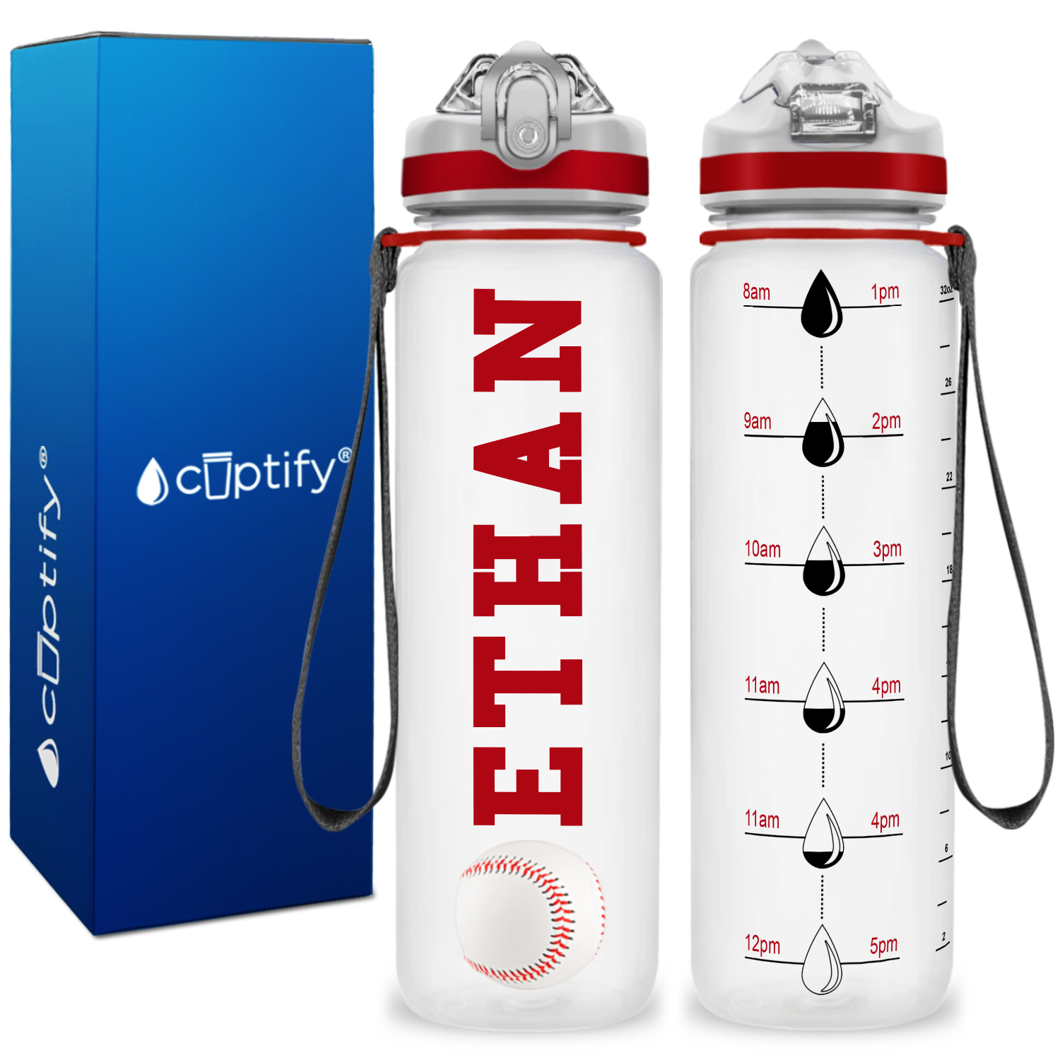 Personalized Baseball on 32 oz Motivational Tracking Water Bottle