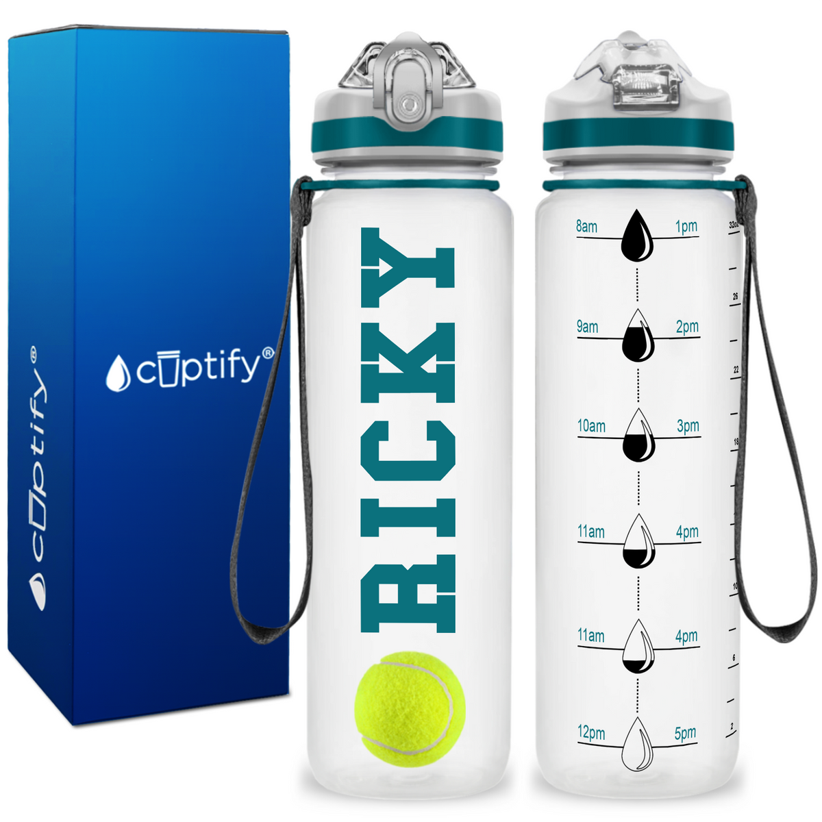 Personalized Tennis Ball on 32 oz Motivational Tracking Water Bottle