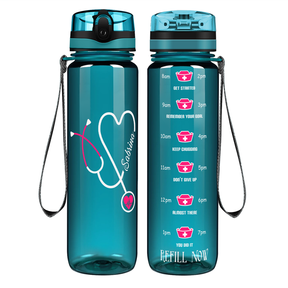 Personalized Nurse Pink Stethoscope Heart on 32oz Motivational Water Bottle