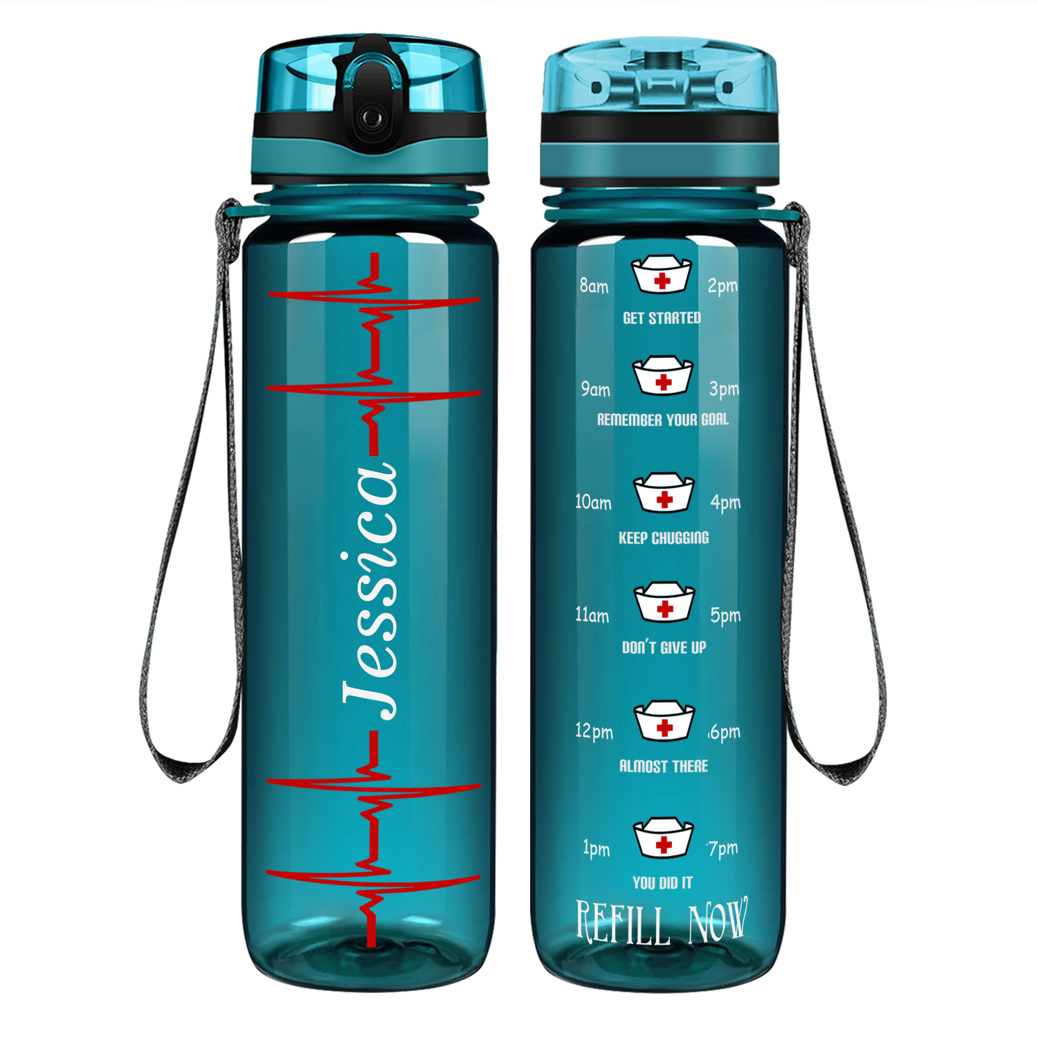 Personalized Nurse Water Bottle Heart Beat Pulse on 32oz Motivational Tracking Water Bottle