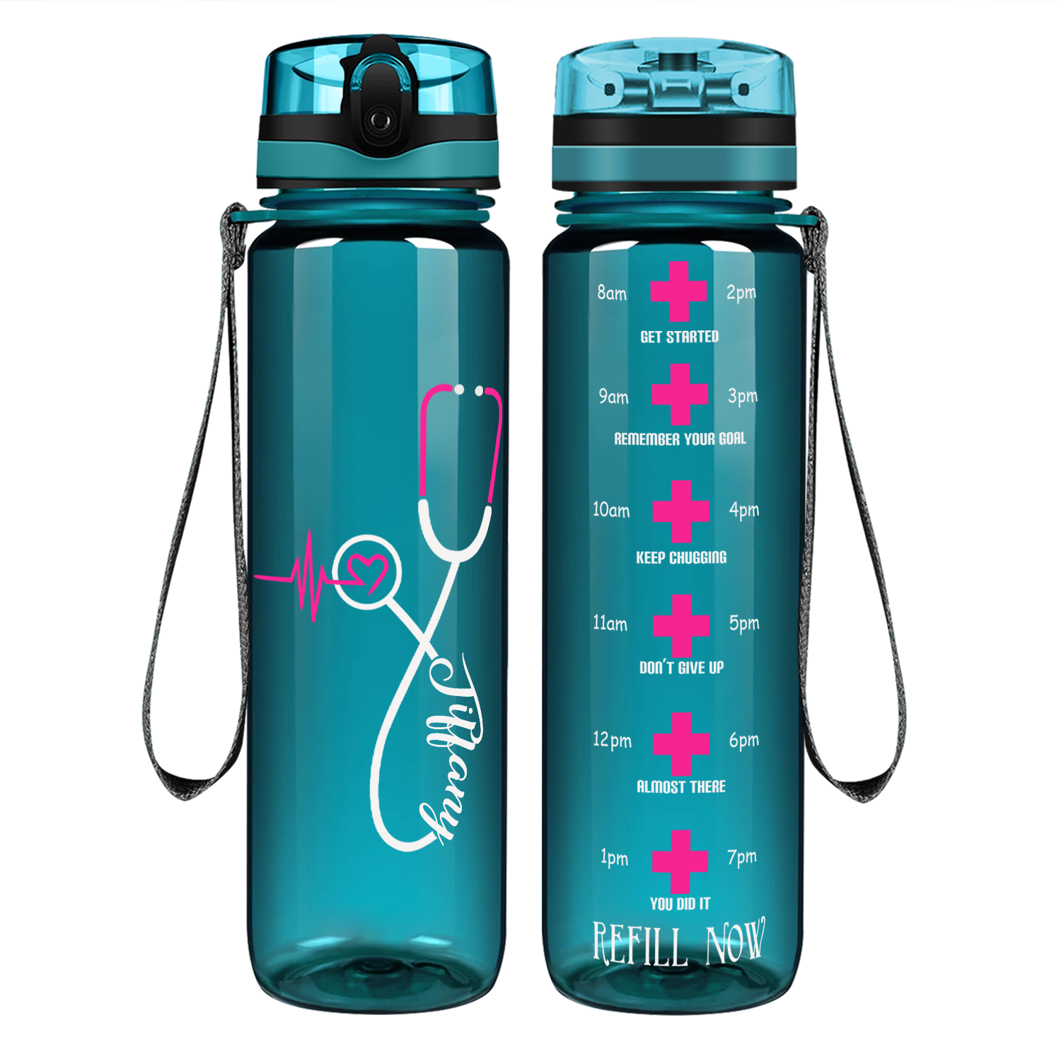 Personalized Nurse Pink Heart Stethoscope Motivational Tracking Water Bottle