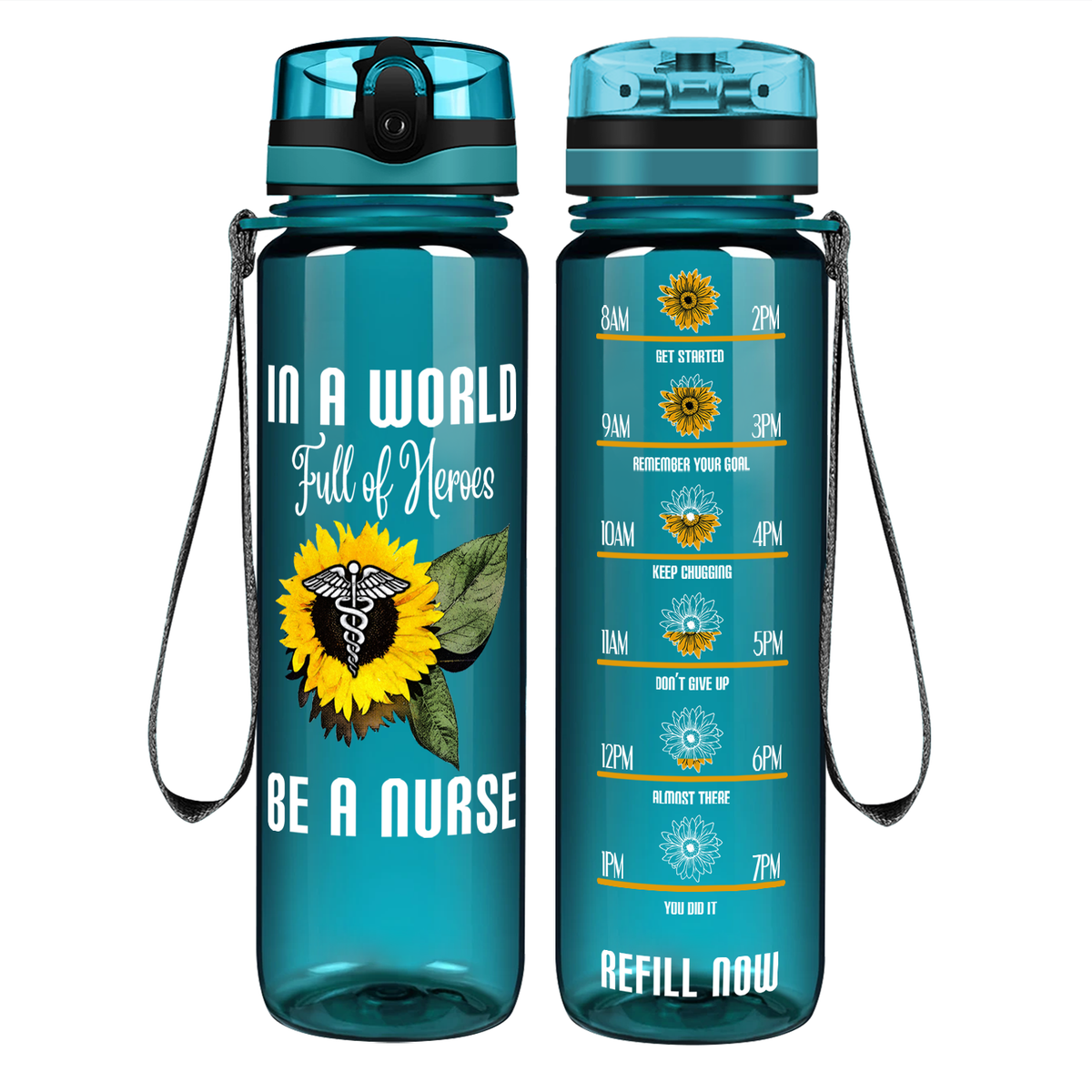 In a World Full of Heroes be a Nurse on 32oz Motivational Tracking Water Bottle