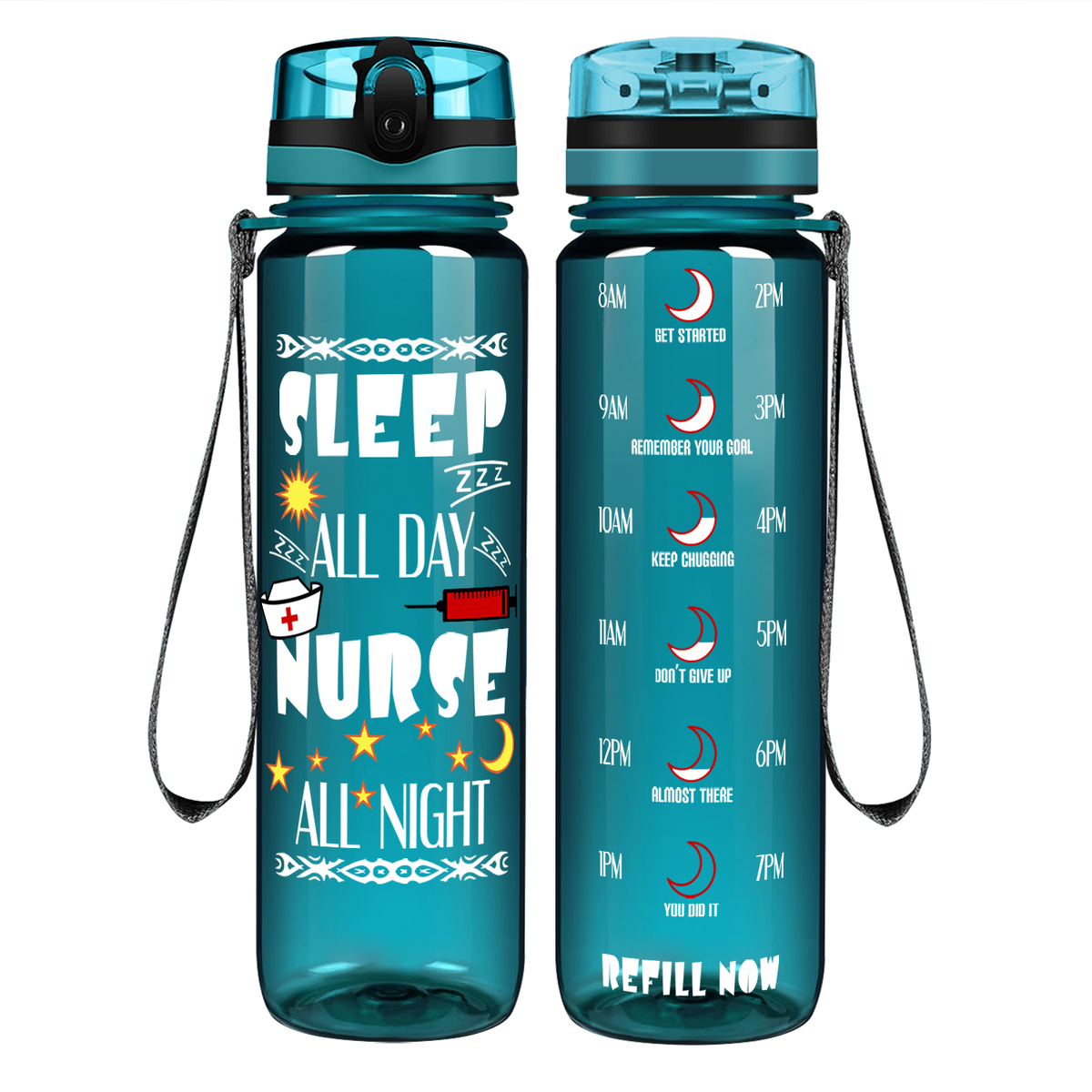 Nurse All Night on 32oz Motivational Tracking Water Bottle