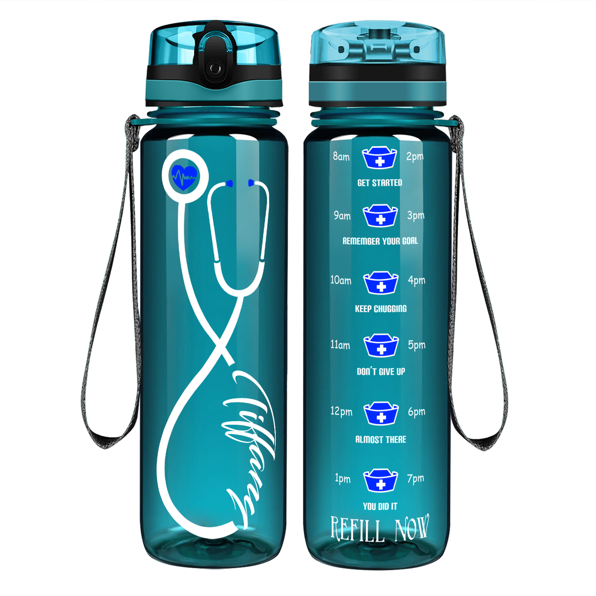Personalized Nurse Stethoscope Blue on 32oz Motivational Tracking Water Bottle