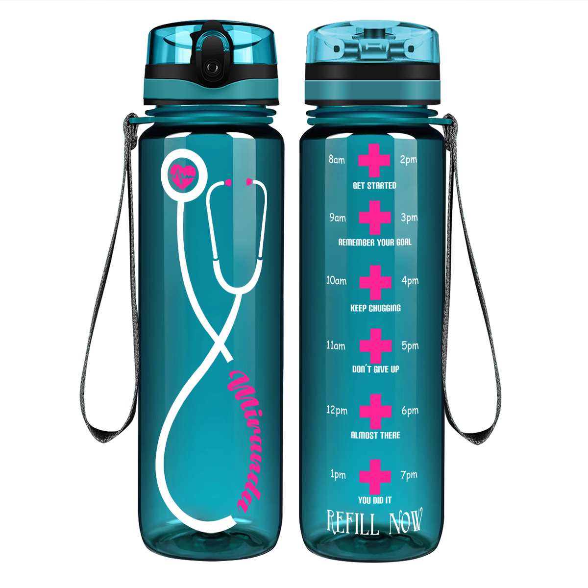 Personalized Heartbeat Nurse Pink Stethoscope on 32oz Motivational Tracking Water Bottle