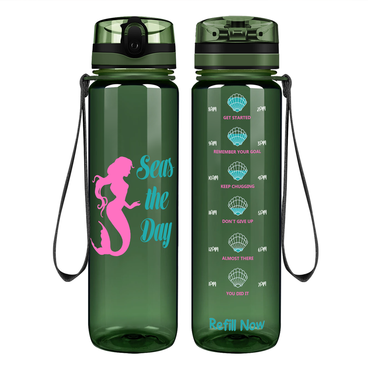 Seas the Day on 32 oz Motivational Tracking Beach Water Bottle
