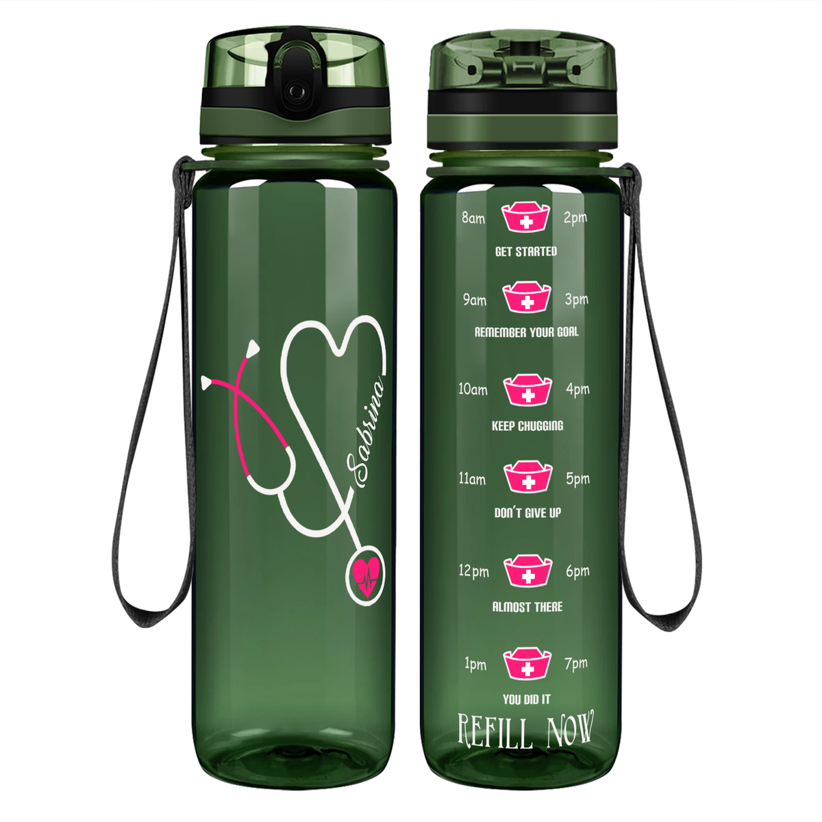 Personalized Nurse Pink Stethoscope Heart on 32oz Motivational Water Bottle