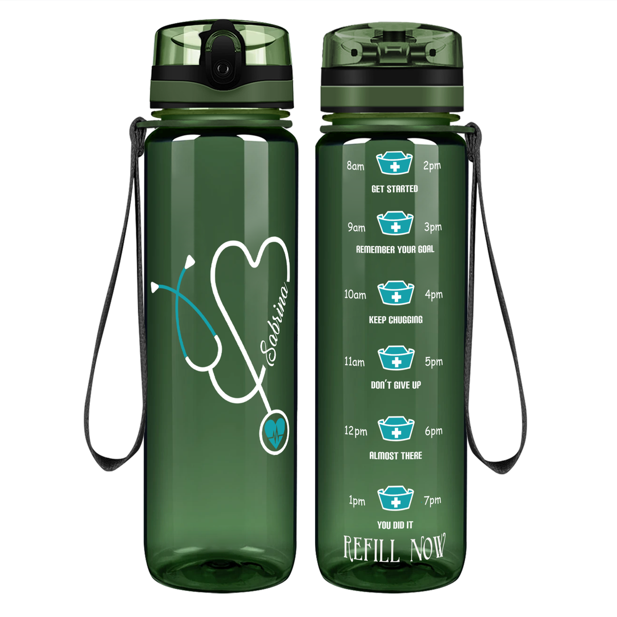 Personalized Nurse Water Bottle Green Stethoscope Heart on 32oz Motivational Tracking Water Bottle