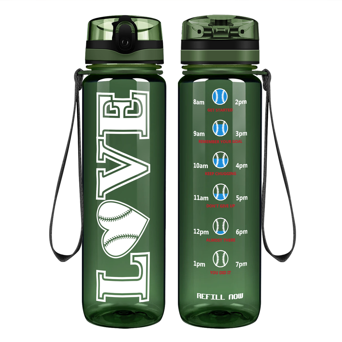 LOVE Baseball Heart on 32 oz Motivational Tracking Water Bottle