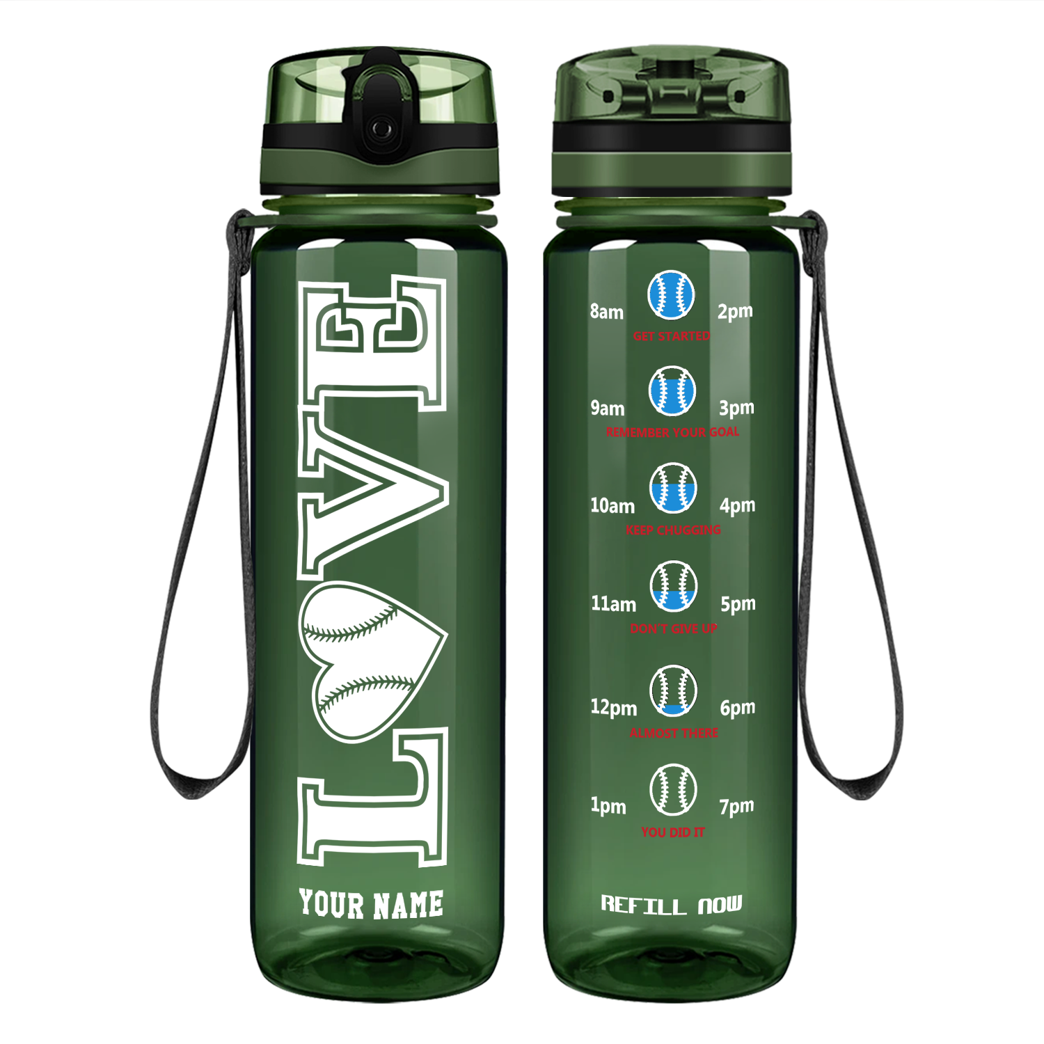 Personalized LOVE Baseball Heart on 32 oz Motivational Tracking Water Bottle