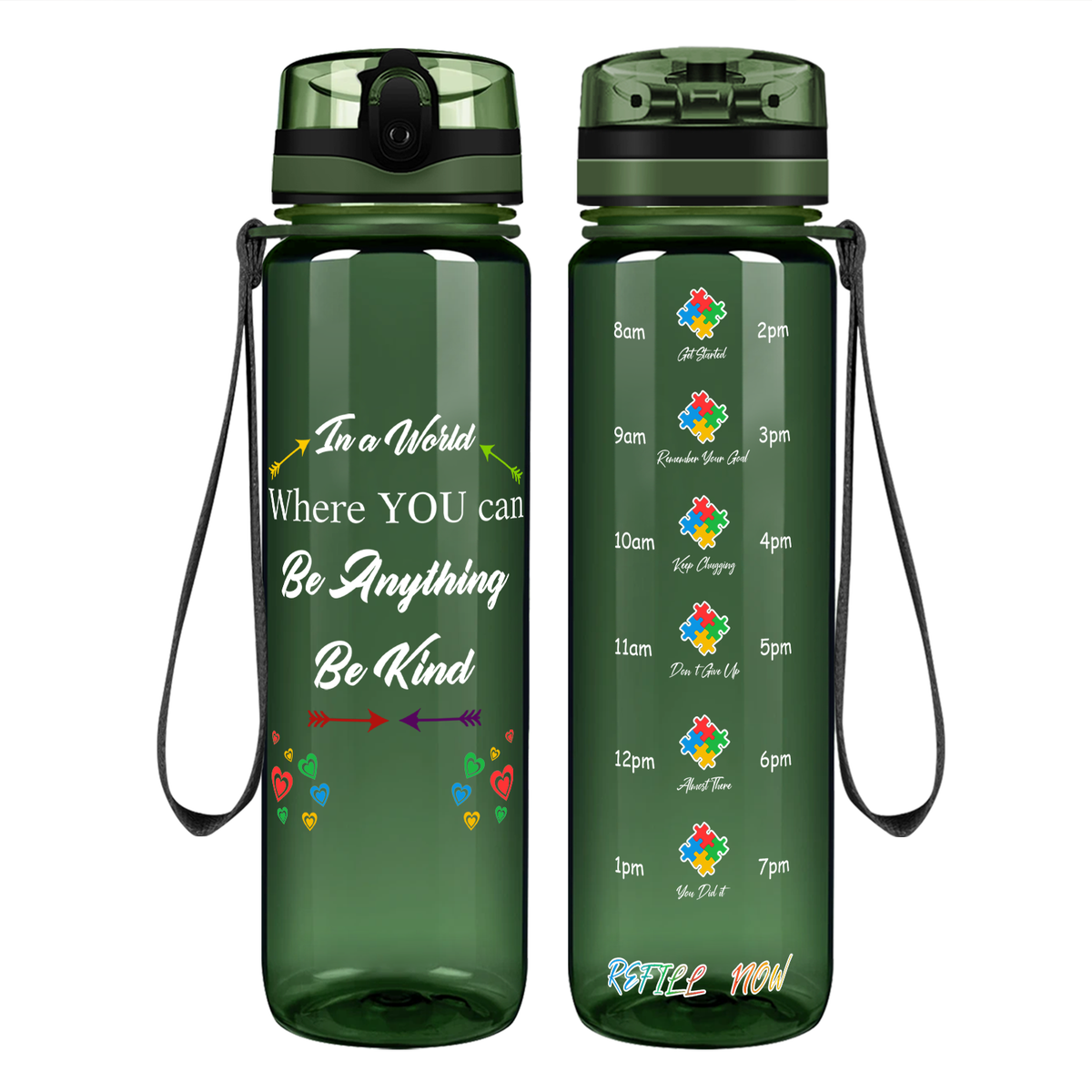 In a World Where You Can Be Anything Be Kind on 32 oz Motivational Tracking Water Bottle