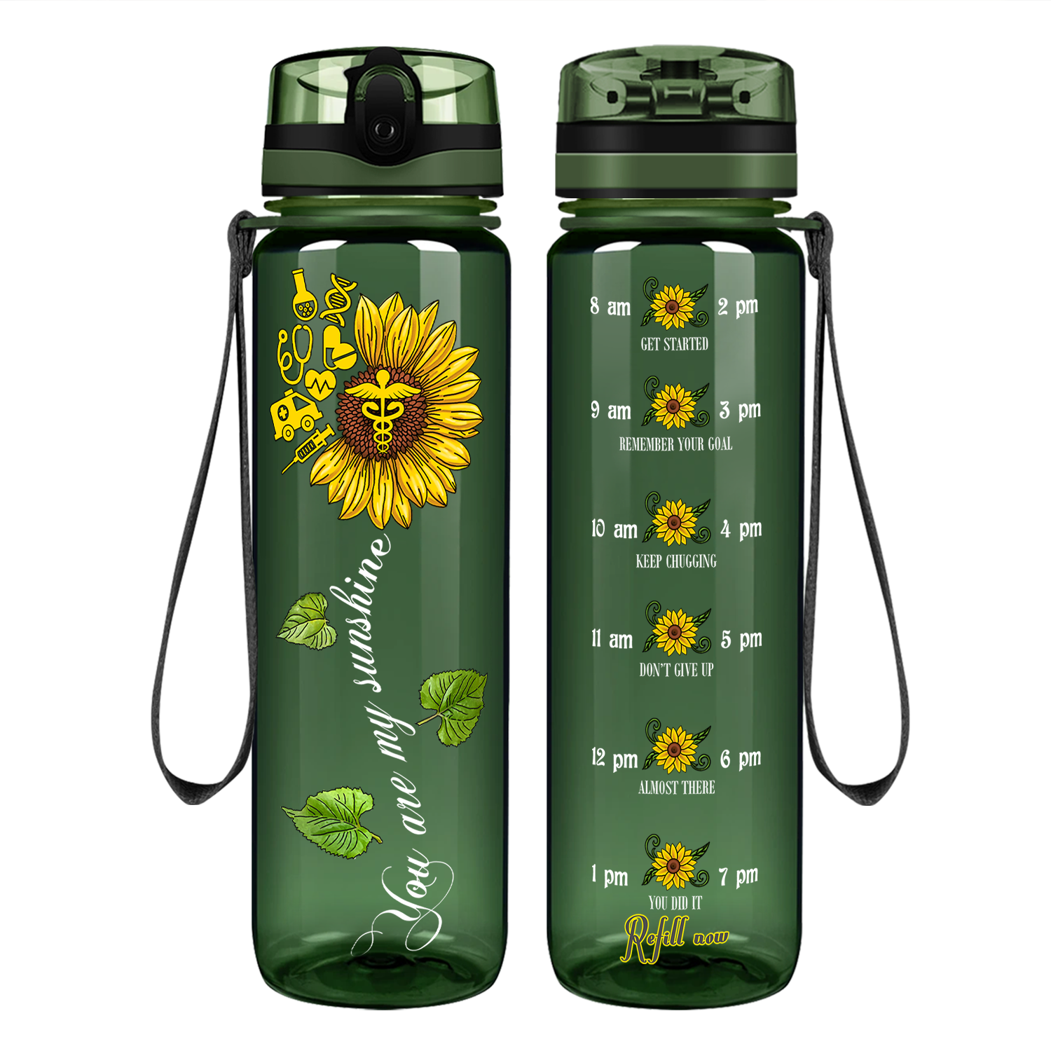 Nurse My Sunshine Sunflower on 32oz Motivational Tracking Water Bottle