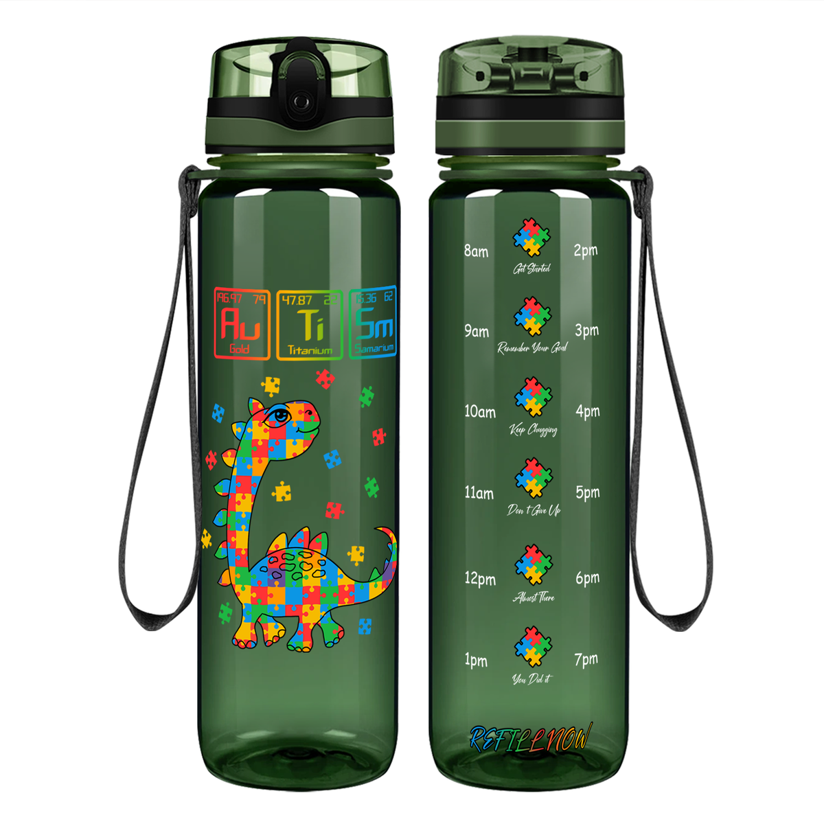 Scientific Autism Dinosaur Puzzle on 32 oz Motivational Tracking Water Bottle