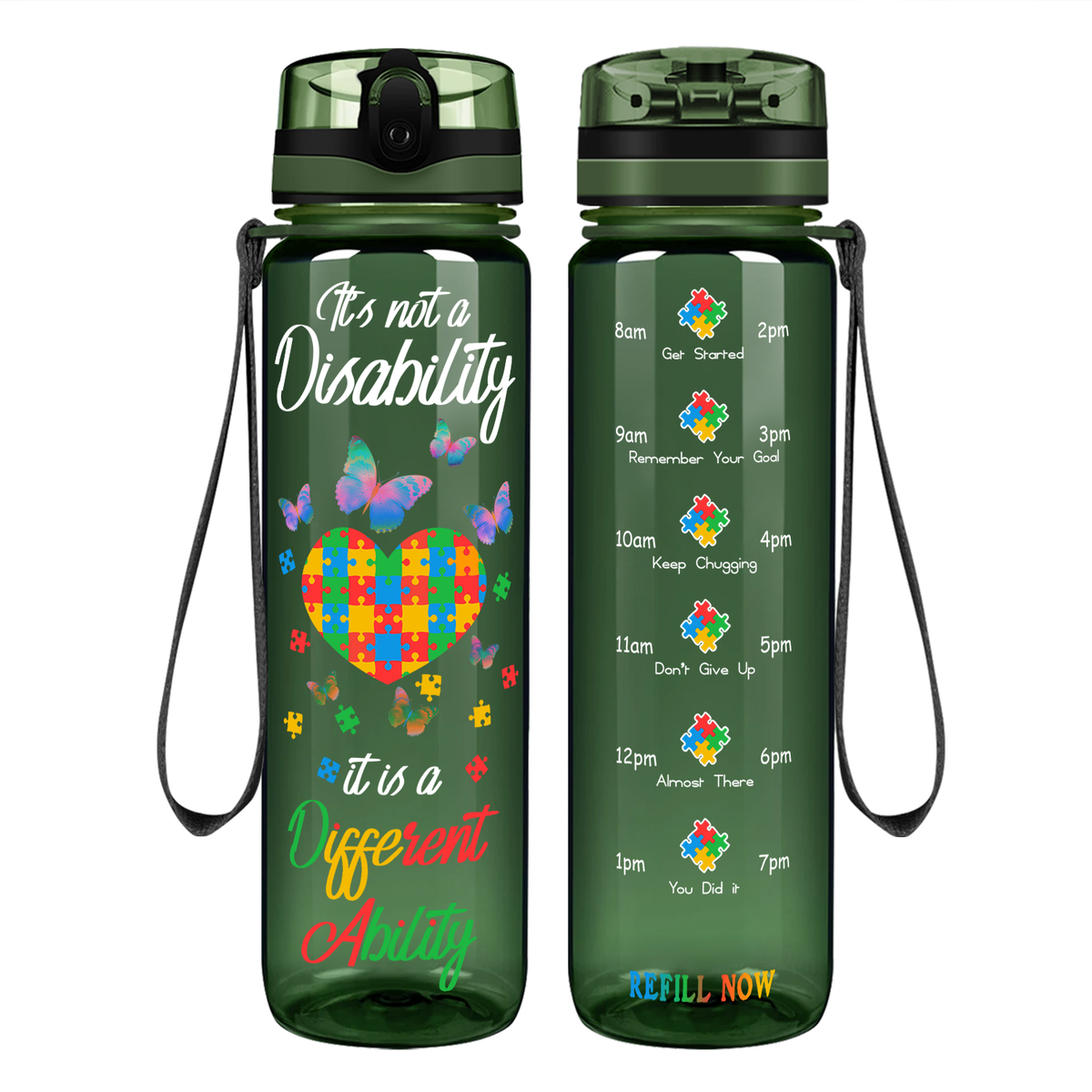 Autism Colorful Butterfly Different Ability on 32 oz Motivational Tracking Water Bottle