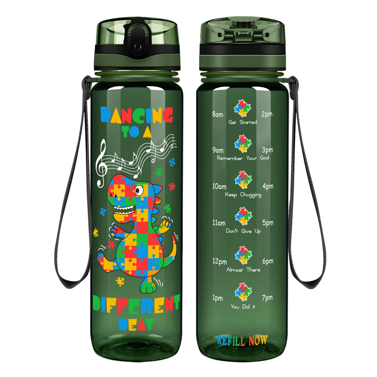 Dancing Dino Different Beat Autism on 32 oz Motivational Tracking Water Bottle