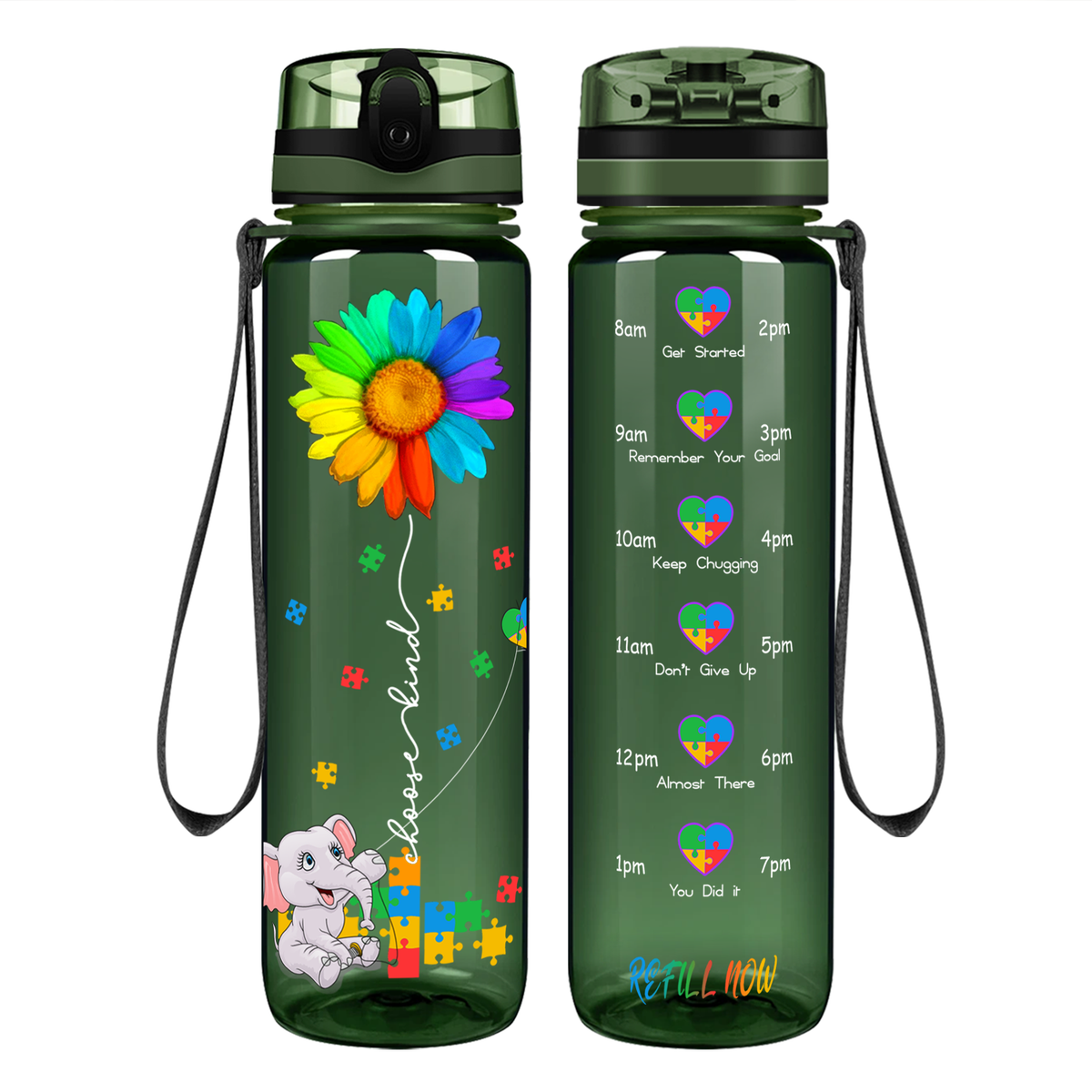 Autism Elephant Kindness Kite on 32 oz Motivational Tracking Water Bottle
