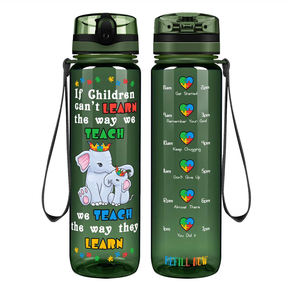 Teach The Way They Learn Elephants on 32 oz Motivational Tracking Autism Water Bottle