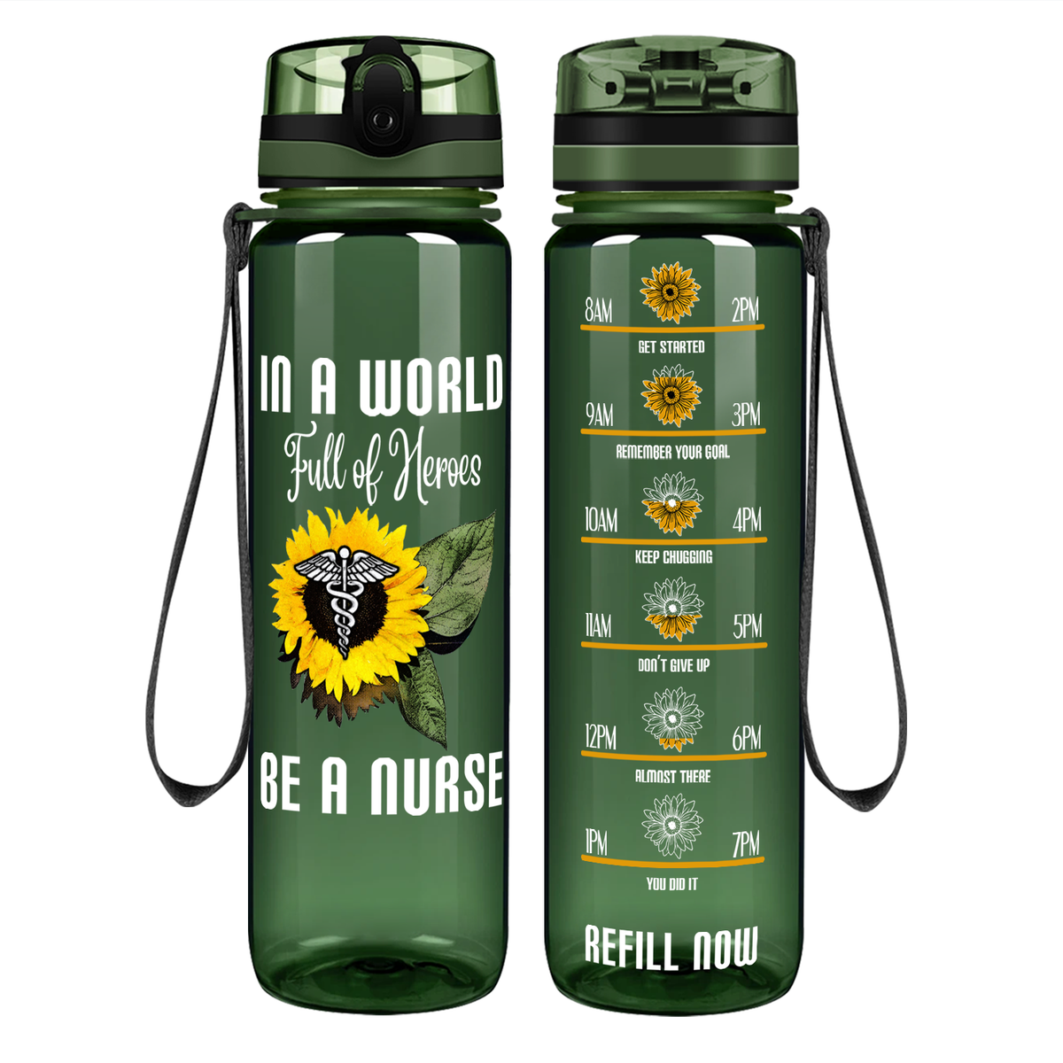 In a World Full of Heroes be a Nurse on 32oz Motivational Tracking Water Bottle