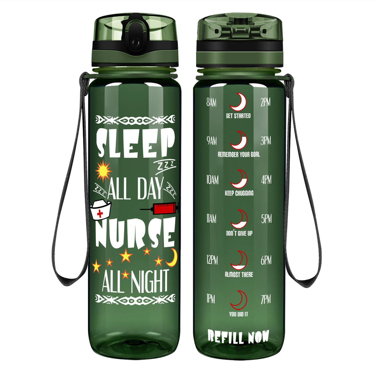 Nurse All Night on 32oz Motivational Tracking Water Bottle