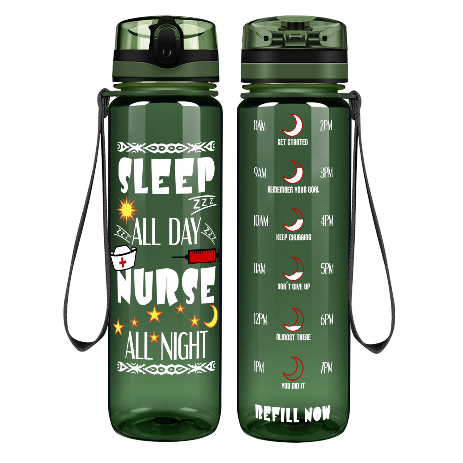 Nurse All Night on 32oz Motivational Tracking Water Bottle