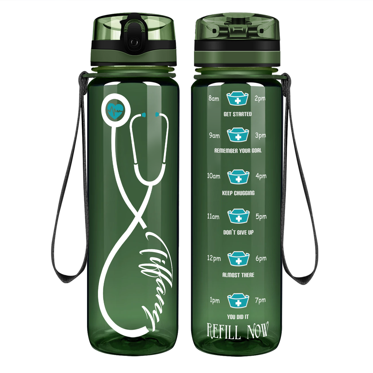 Personalized Nurse Stethoscope Seafoam on 32oz Motivational Tracking Water Bottle