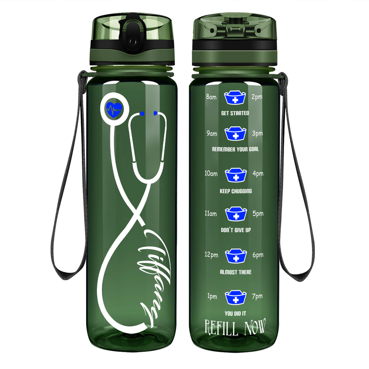 Personalized Nurse Stethoscope Blue on 32oz Motivational Tracking Water Bottle