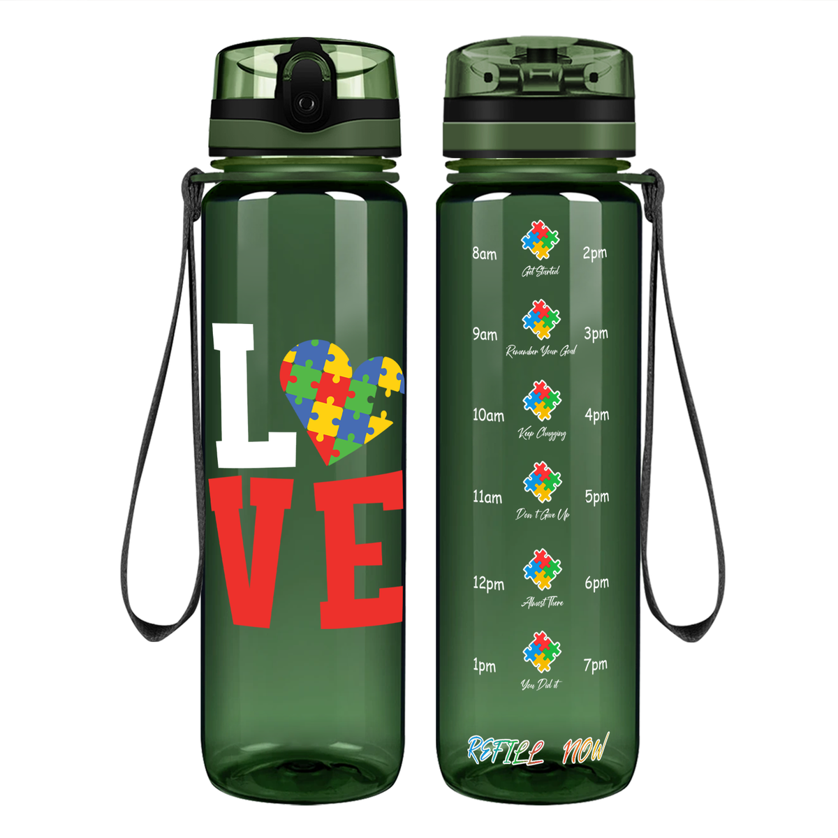 Autism Love on 32 oz Motivational Tracking Water Bottle