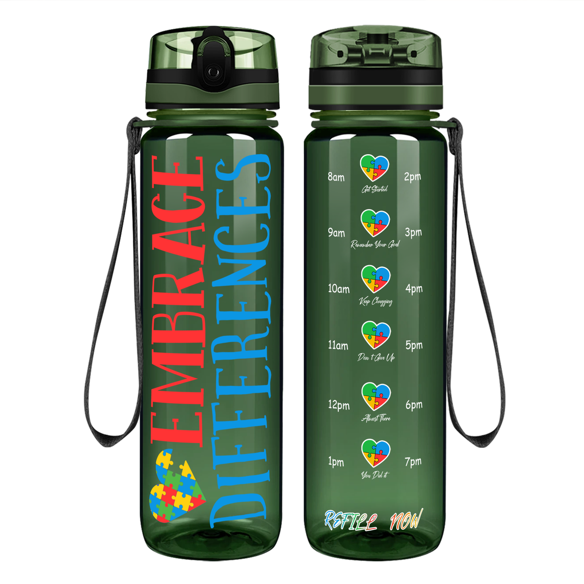 Embrace Differences on 32 oz Motivational Tracking Autism Water Bottle