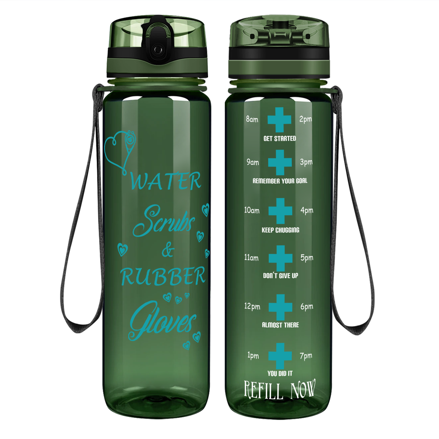 Water Scrubs and Rubber Gloves on 32oz Motivational Tracking Nurse Water Bottle