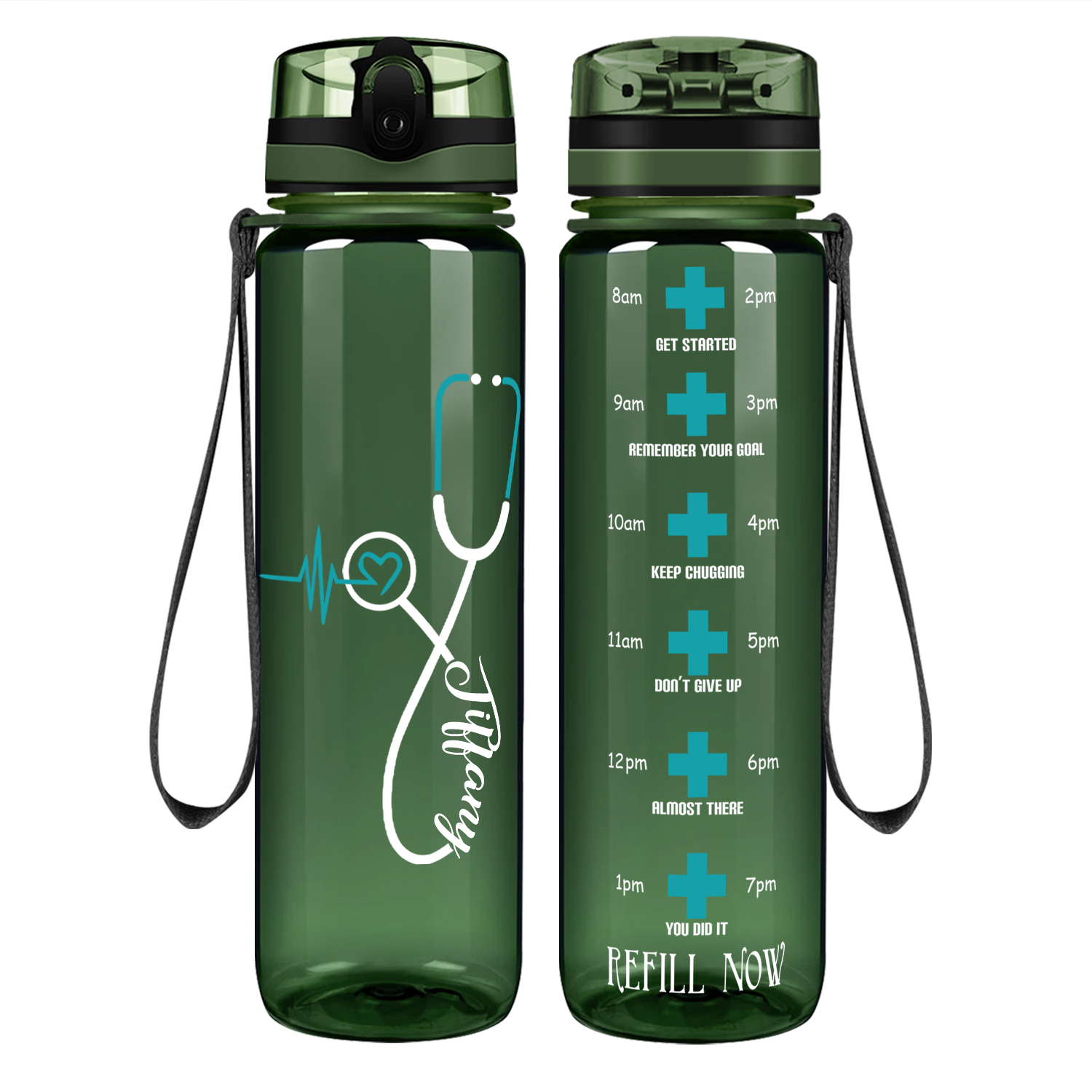 Personalized Seafoam Heart Nursing Stethoscope Motivational Tracking Water Bottle