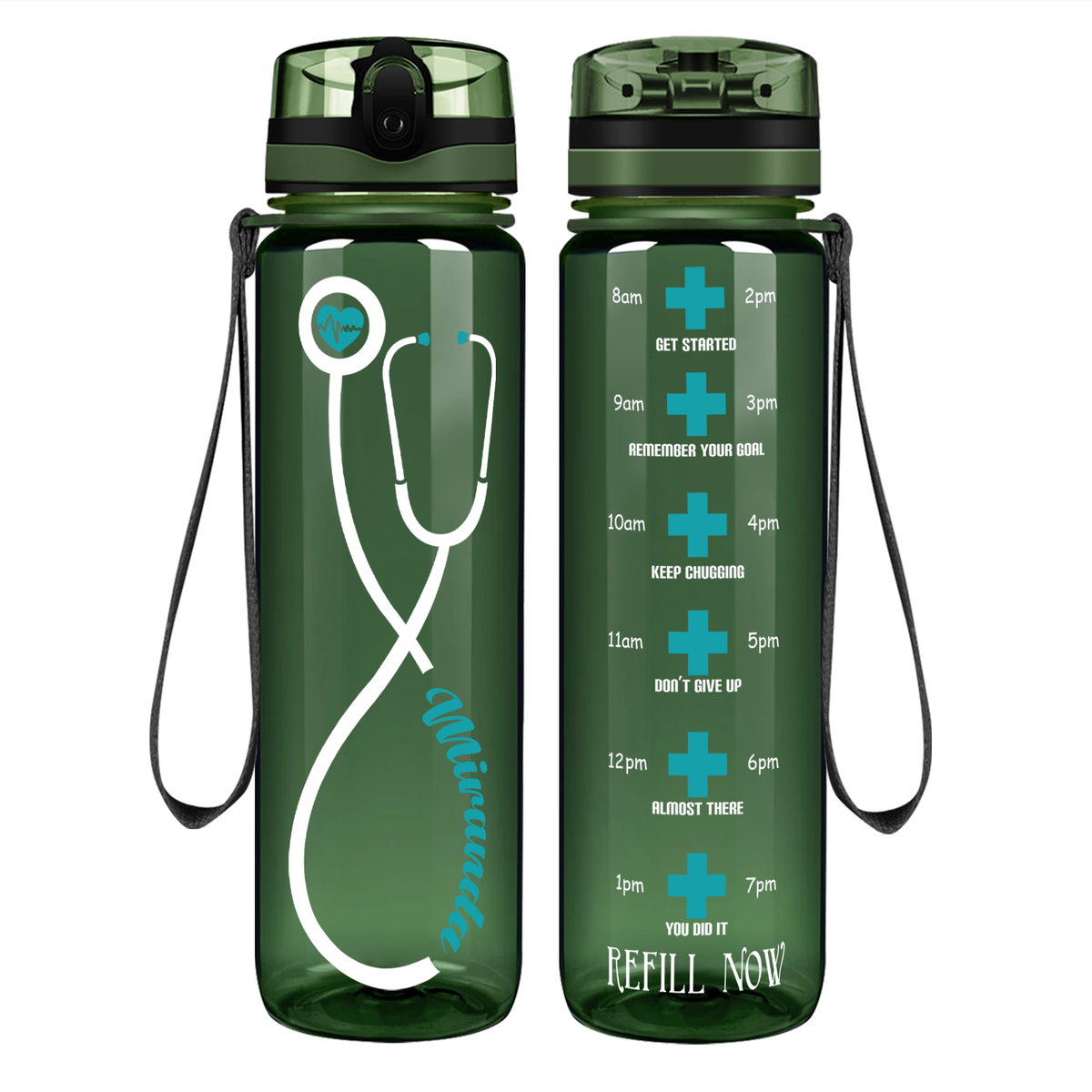 Personalized Heartbeat Nurse Stethoscope on 32oz Motivational Tracking Water Bottle