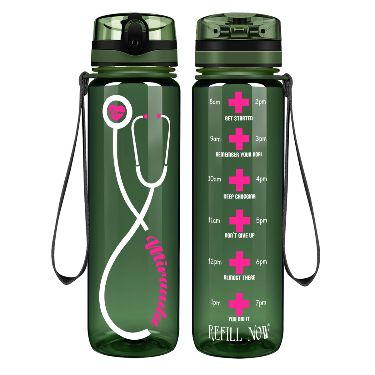 Personalized Heartbeat Nurse Pink Stethoscope on 32oz Motivational Tracking Water Bottle