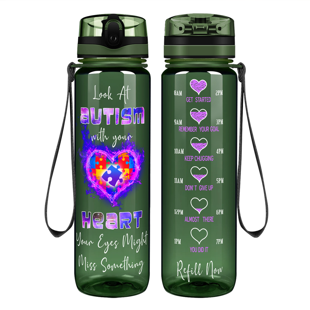 Look at Autism with Your Heart on 32 oz Motivational Tracking Water Bottle