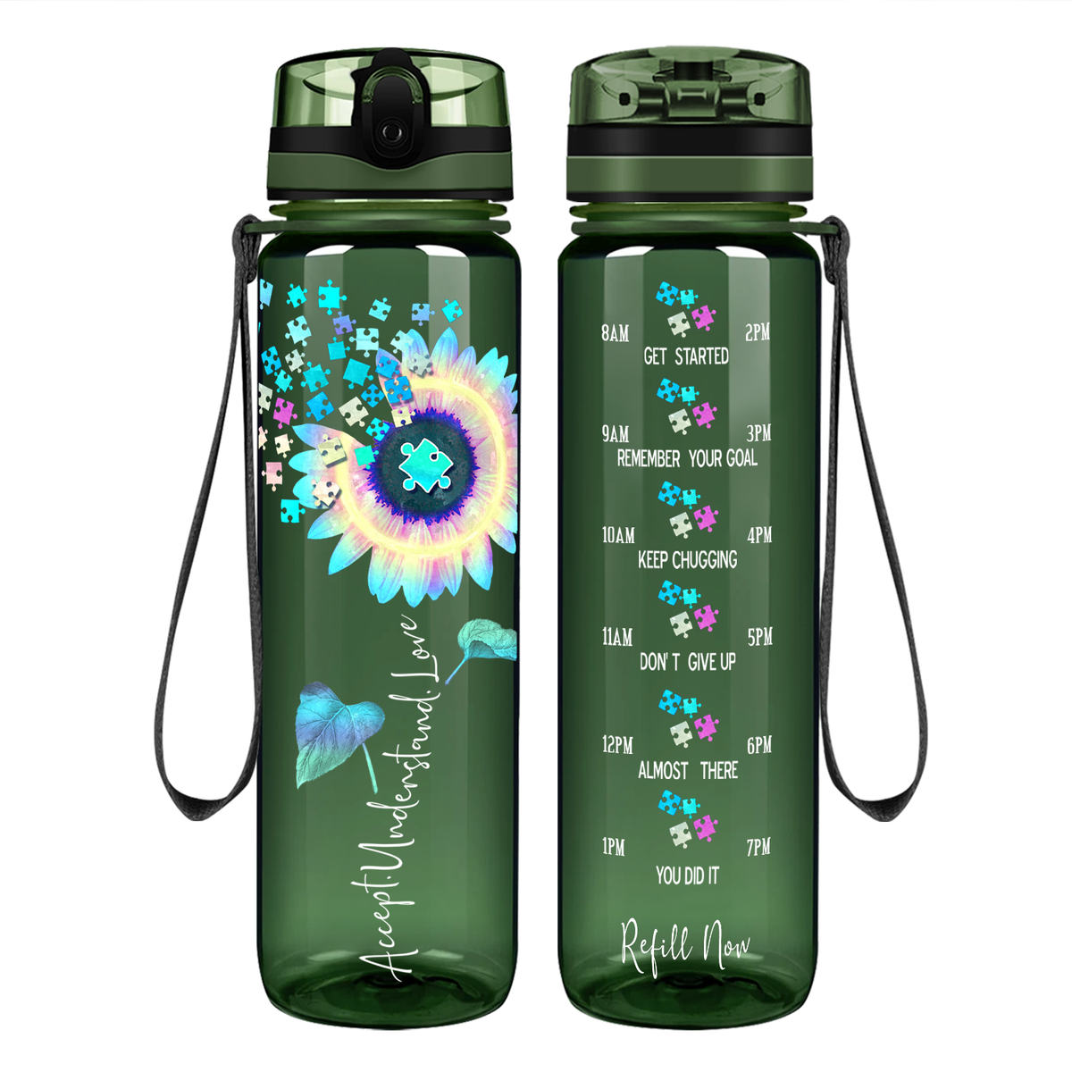 Accept Understand Love Autism Sunflower 32 oz Motivational Tracking Water Bottle