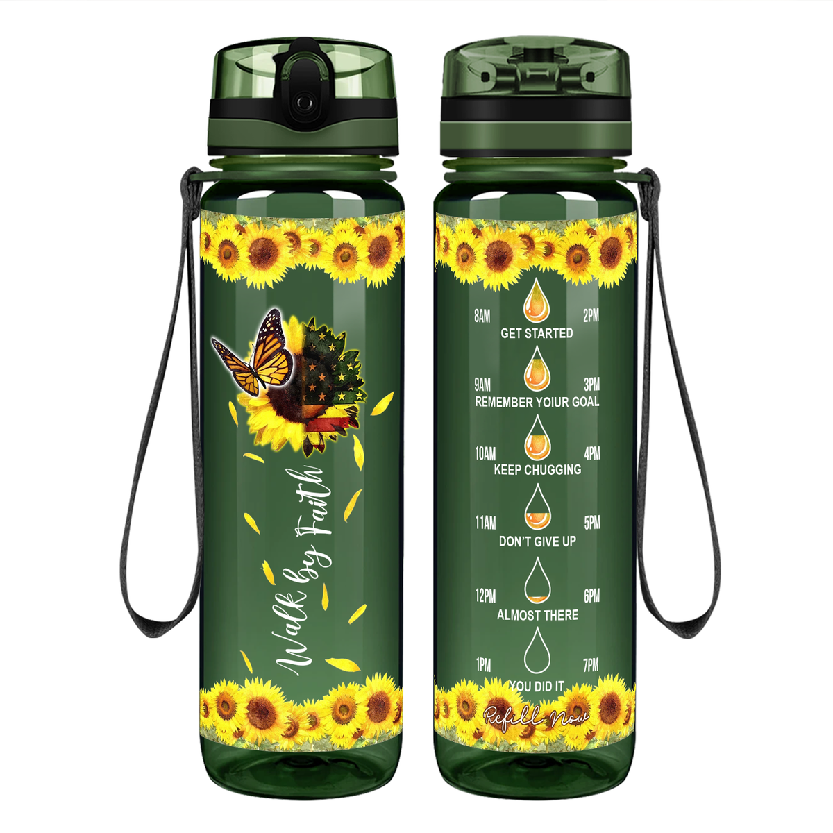 Walk by Faith American Sunflower on 32 oz Motivational Tracking Water Bottle