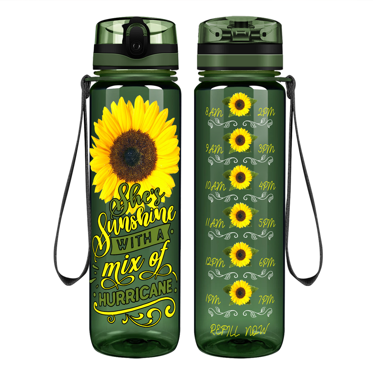 She's Sunshine with a Mix of Hurricane on 32 oz Motivational Tracking Sunflowers Water Bottle