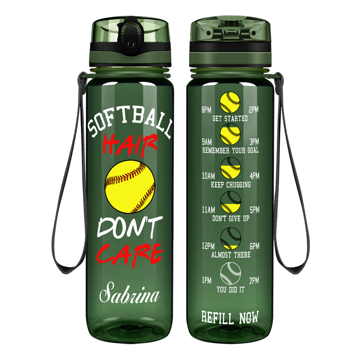 Personalized Softball Hair Don't Care on 32 oz Motivational Tracking Water Bottle