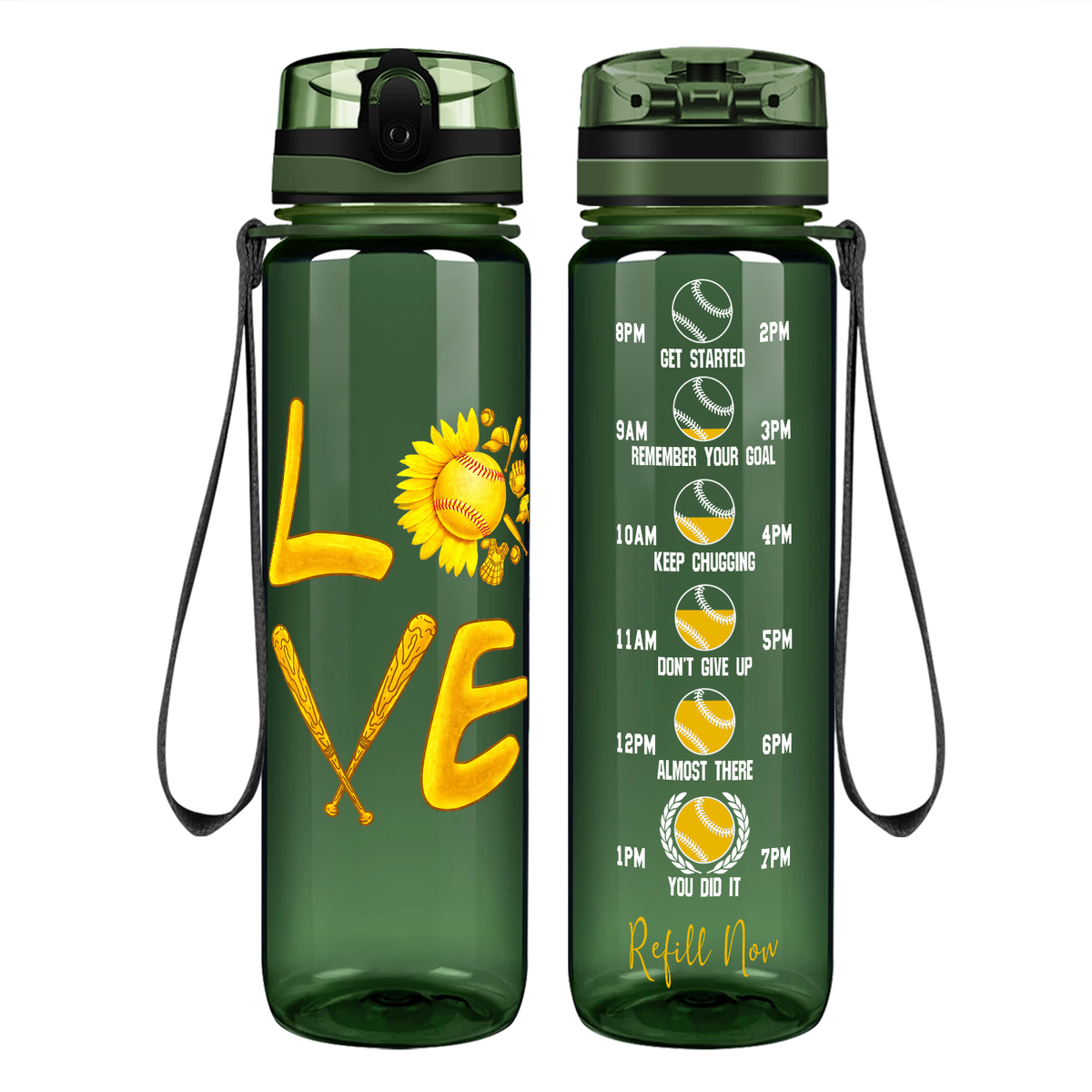 Love Softball Flower on 32 oz Motivational Tracking Water Bottle