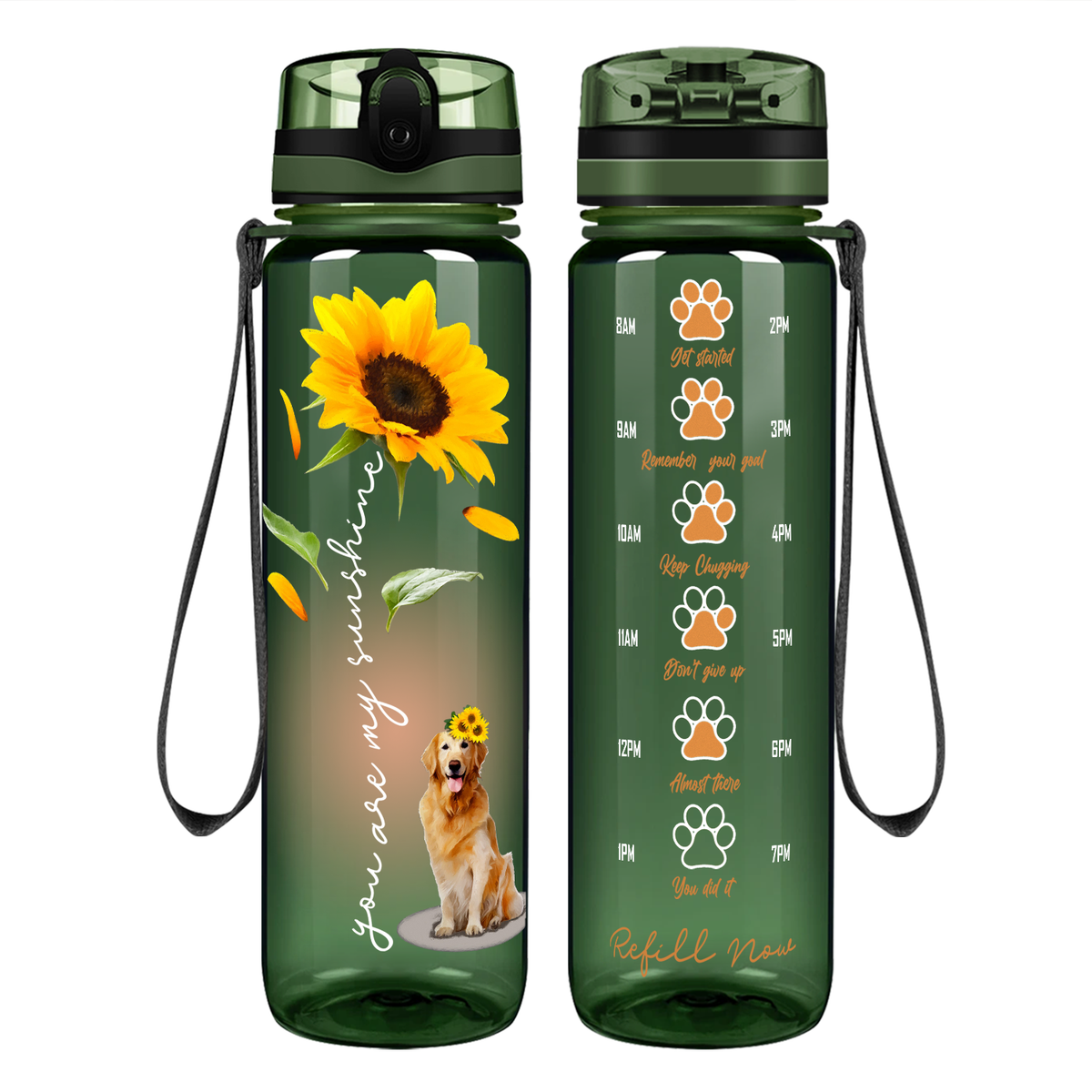 You Are My Sunshine Golden Retriever Sunflower on 32 oz Motivational Tracking Water Bottle