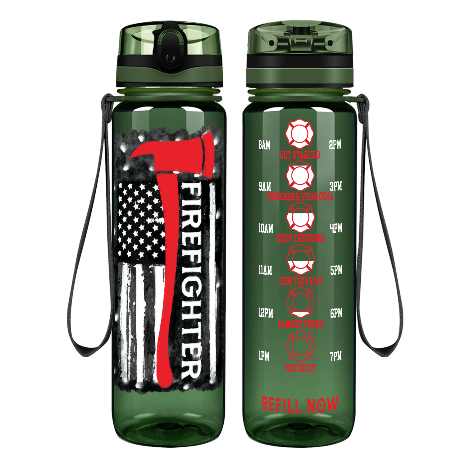 Firefighter Axe Distressed Flag on 32 oz Motivational Tracking Water Bottle