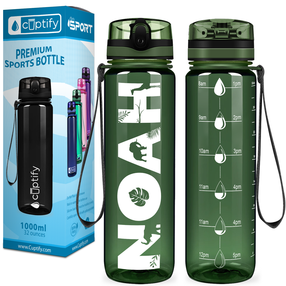 Kids Personalized on Army Green 32 oz Motivational Tracking Water Bottle