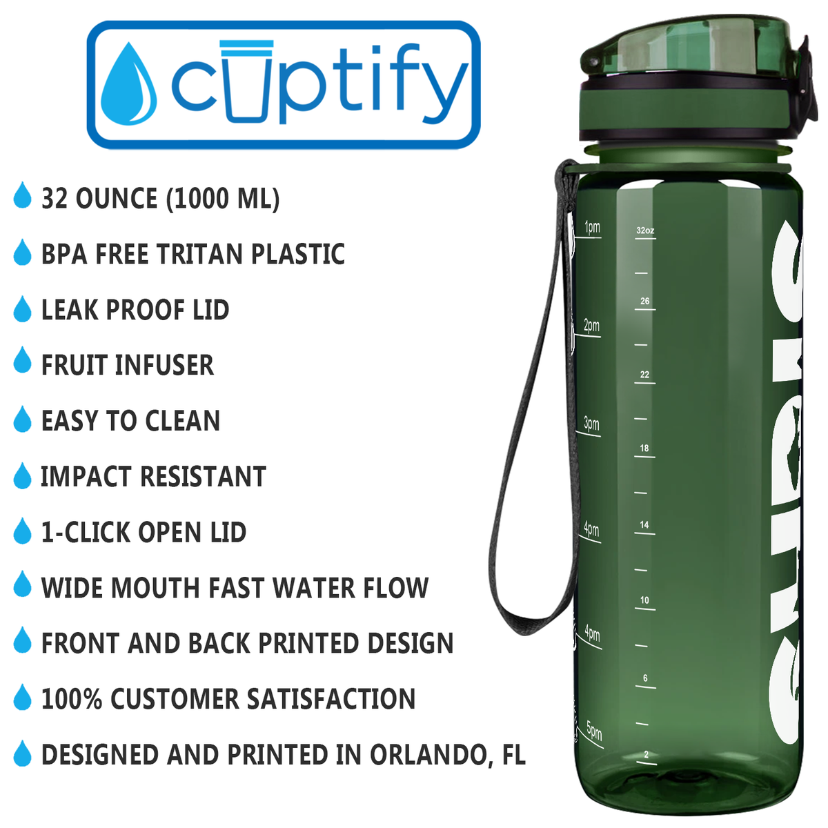 Kids Personalized on Army Green 32 oz Motivational Tracking Water Bottle