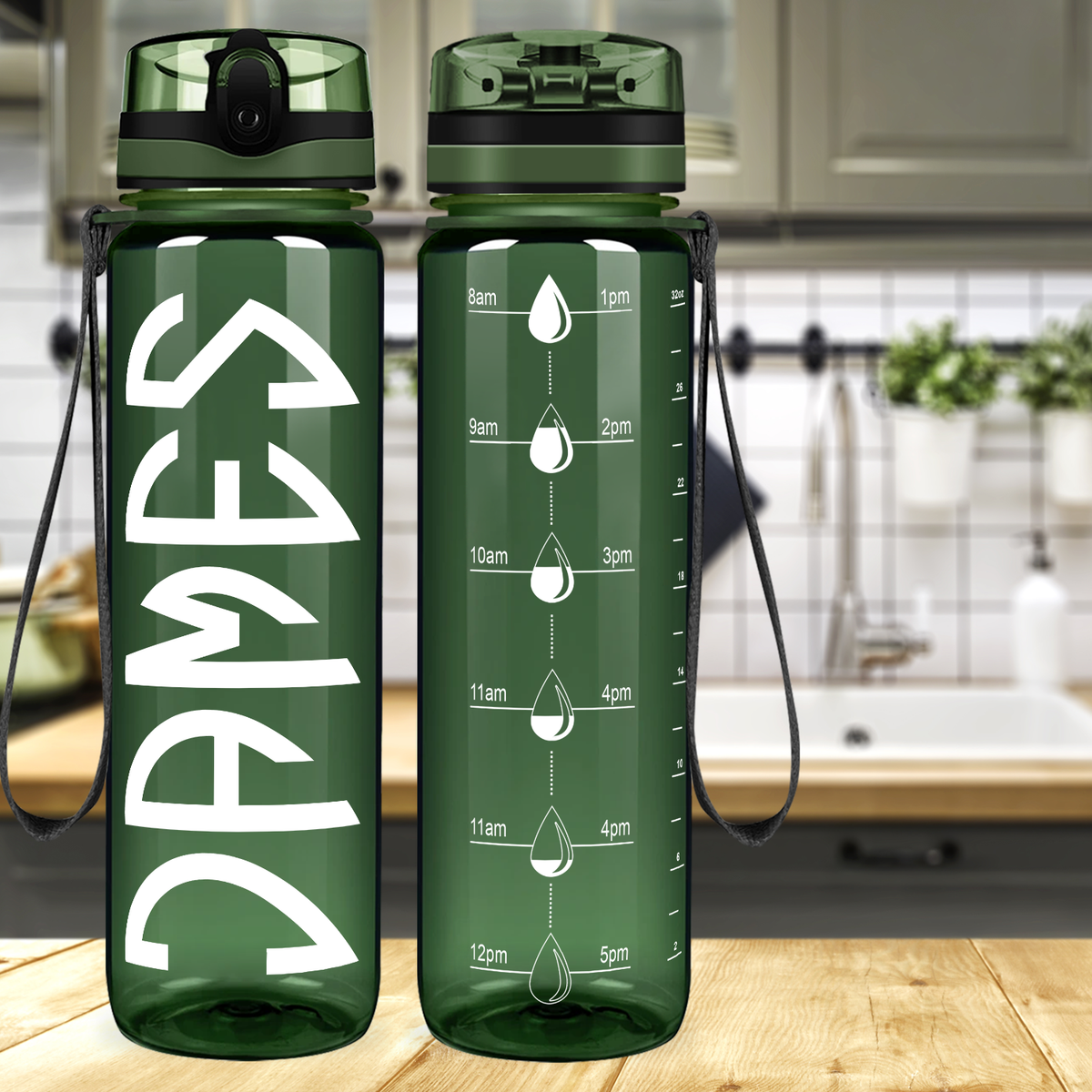 Kids Personalized on Army Green 32 oz Motivational Tracking Water Bottle