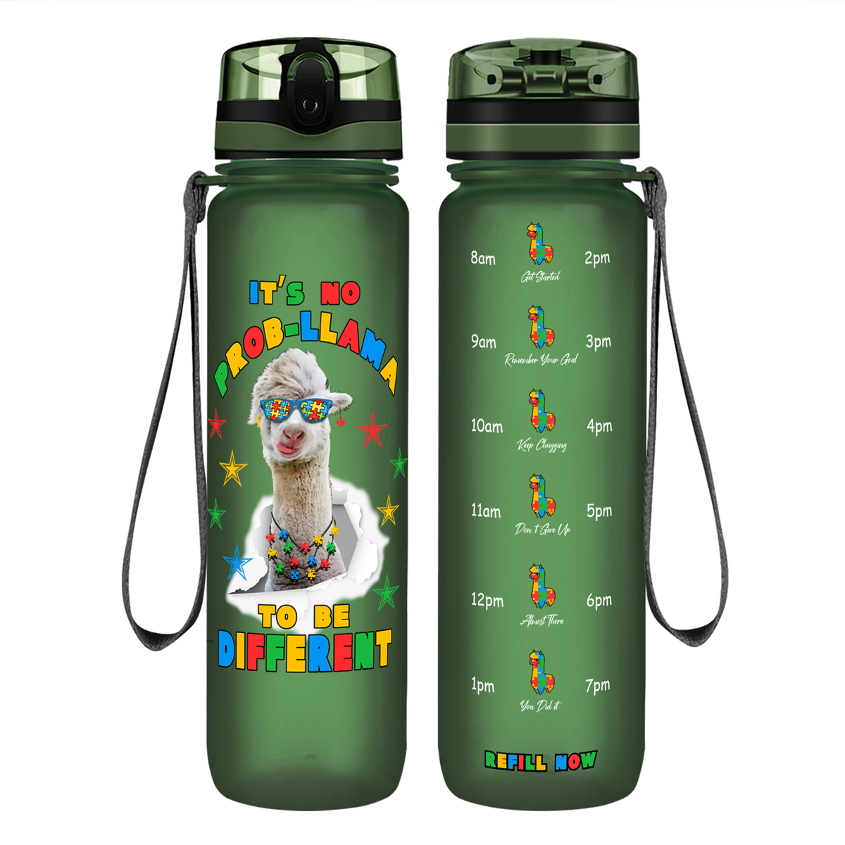 No Prob-llama Autism Stars on 32 oz Motivational Tracking Water Bottle