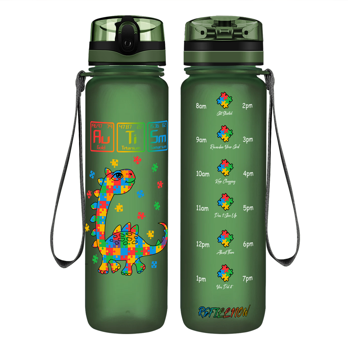 Scientific Autism Dinosaur Puzzle on 32 oz Motivational Tracking Water Bottle