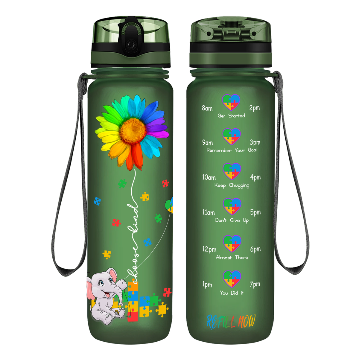 Autism Elephant Kindness Kite on 32 oz Motivational Tracking Water Bottle