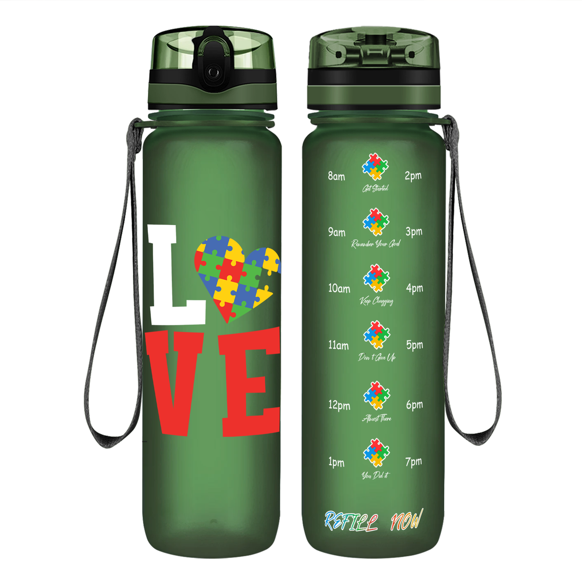 Autism Love on 32 oz Motivational Tracking Water Bottle