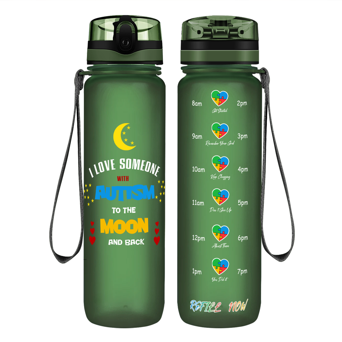 I Love Someone with Autism on 32 oz Motivational Tracking Water Bottle